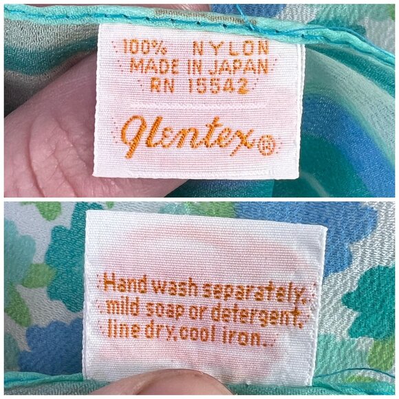 Vintage 60s Glentex Japan Sheer Nylon Floral Scarf Teal Aqua Blue Green Mod - Picture 3 of 10